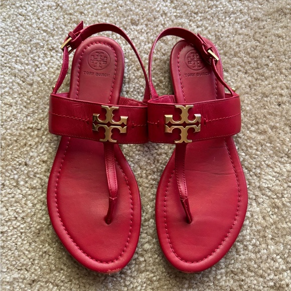 Tory Burch Red Leather Miller Logo Thong Sandals Size 7.5 - Picture 1 of 6